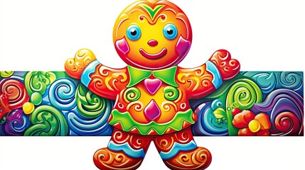  a painting of a colorful teddy bear with hearts on it's chest and arms, with swirls and swirls all around it, and a white background.