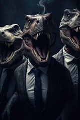 A group of dinosaurs dressed in formal suits and ties. This image can be used to represent concepts...