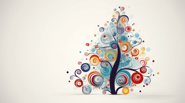  a colorful christmas tree with swirls and circles on a white background with a space for a text or an image to put on the bottom of the christmas tree.