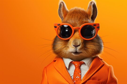 A picture of a squirrel dressed in a suit and wearing sunglasses. This image can be used to add a touch of humor and style to various projects.
