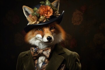 A picture of a fox wearing a top hat adorned with flowers. Perfect for adding a whimsical touch to any project.