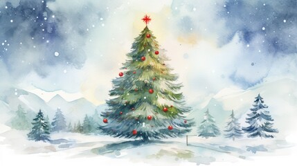 Fototapeta na wymiar a watercolor painting of a christmas tree in a snowy landscape with a red star on top of it, surrounded by evergreen trees and snowing on the ground.