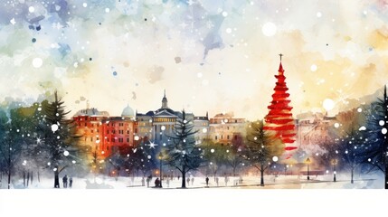  a painting of a winter scene with a red christmas tree in the foreground and a building in the background with snow falling on the ground and trees in the foreground.