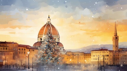  a digital painting of a christmas tree in front of a building with a dome and a steeple in the background with snow falling on the ground and buildings in the foreground. - obrazy, fototapety, plakaty