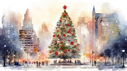  a watercolor painting of a christmas tree in the middle of a city with buildings in the background and a red star on top of the top of the tree.