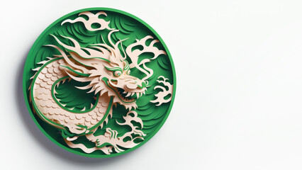 Obraz na płótnie Canvas A minimal, paper cut style green dragon in circle as a symbol of the Chinese New Year, isolated on a light gray background. Happy holiday concept. Copy space. Banner