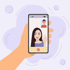 videocall with woman and man on smartphone - vector illustration in flat style
