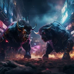 Muurstickers a two bull fighting in a city © Aliaksandr Siamko