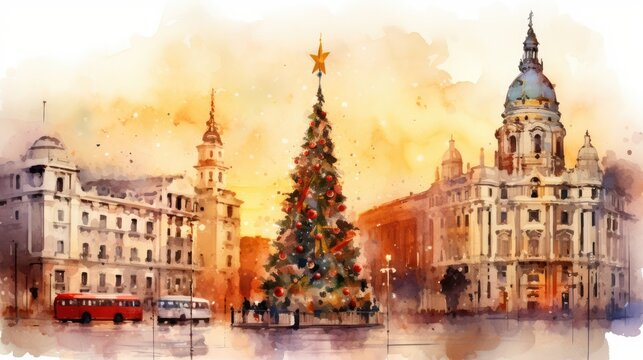  a watercolor painting of a christmas tree in front of a building with a red double decker bus in the foreground and a red double decker bus in the background.