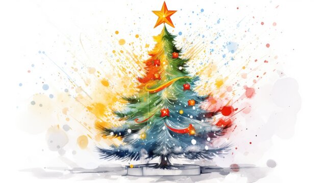  a watercolor painting of a christmas tree with a star on top of it, on a white background with a splash of red, yellow, blue, green, and red colors.