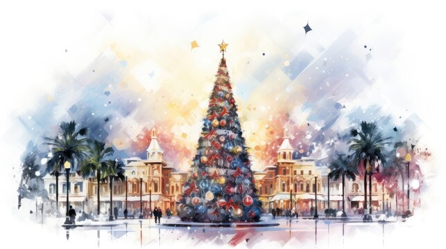  a watercolor painting of a christmas tree in front of a large building with a star on top and a star on the top of the top of the tree.