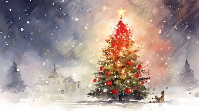  a watercolor painting of a christmas tree on a snowy day with a church in the background and a red star on the top of the top of the tree.