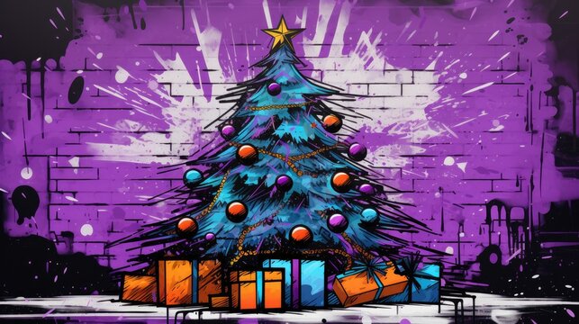  a painting of a christmas tree with presents in front of a purple brick wall with a star on top of it and a purple brick wall in the background behind it.