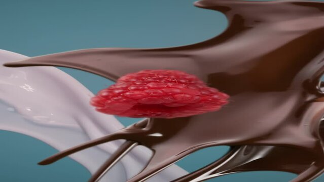 Dark chocolate raspberry and fresh milk splashing  and falling in slow motion 