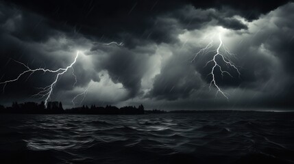  a black and white photo of a storm over a body of water with a boat in the water and a lot of lightning coming out of dark clouds in the sky. - obrazy, fototapety, plakaty