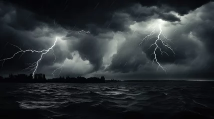 Foto op Plexiglas  a black and white photo of a storm over a body of water with a boat in the water and a lot of lightning coming out of dark clouds in the sky. © Shanti