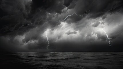  a black and white photo of a storm in the sky over a body of water with a boat in the foreground and a large amount of dark clouds in the background. - obrazy, fototapety, plakaty