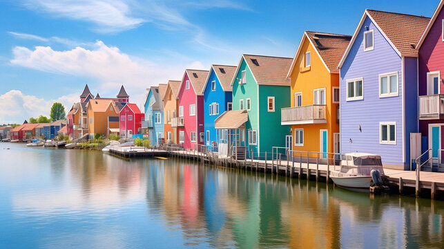 Charming Quaint Waterfront Village with Colorful Houses, Enhanced with Soft and Pastel Tones to Evoke a Tranquil and Picturesque Atmosphere