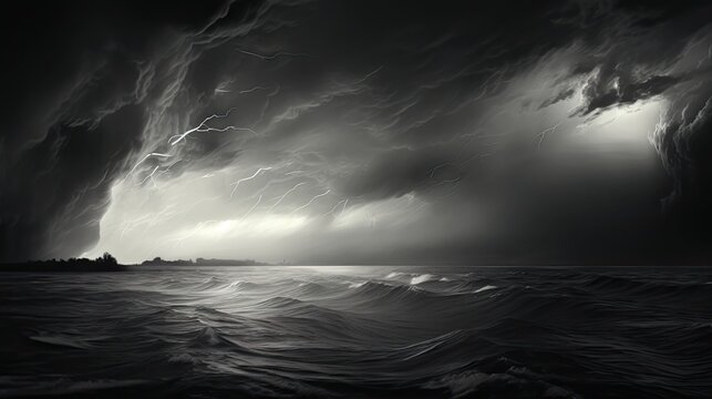  a black and white photo of a storm in the sky over a body of water with a lighthouse in the distance and a ship in the distance in the distance.