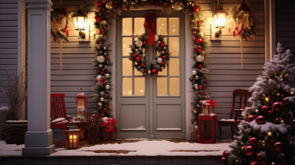 Of a porch decorated for Christmas and New Year.