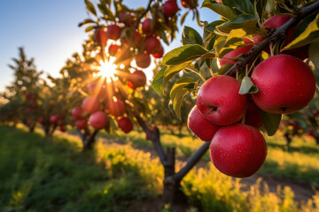 The golden hour sun streams through rows of apple trees, casting a warm glow over the red, ripe...