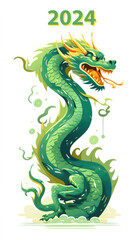 Fototapeta premium A minimal, simple illustration with green dragon as a symbol of the Chinese New Year, isolated on a white background. Happy holiday concept. Vertical, banner