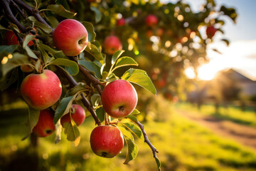 The golden hour sun streams through rows of apple trees, casting a warm glow over the red, ripe fruit ready for harvest in a serene orchard
