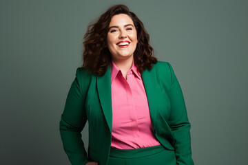 Slightly overweight businesswoman smiling confidently. Bold and vibrant clean minimalist studio portrait, copy space. - obrazy, fototapety, plakaty