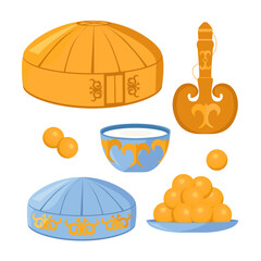 Vector set. Kazakhstan. Yurt, skullcap, baursaks.