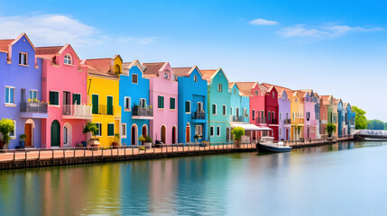 Obraz premium Charming Quaint Waterfront Village with Colorful Houses, Enhanced with Soft and Pastel Tones to Evoke a Tranquil and Picturesque Atmosphere