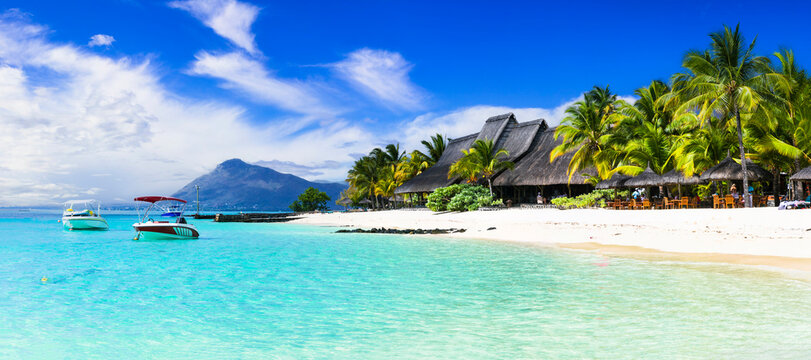 Tropical scenery - beautiful beaches of Mauritius island, Le Morne , popular luxury resort.