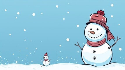  a snowman with a red hat and scarf standing next to a snowman with a red hat and a red scarf on his head and a blue sky background.