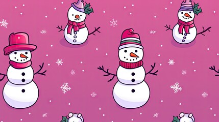  a group of snowmen wearing hats and scarves on a pink background with snowflakes and snowflakes on the bottom of the heads and bottom of the heads.