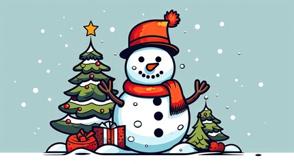  a snowman with a red hat and scarf standing in front of a christmas tree with a star on top of it and a gift box in the foreground.
