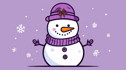  a cartoon snowman wearing a purple hat and scarf and scarf around his neck, with snowflakes on the ground, and snowflakes on the ground.