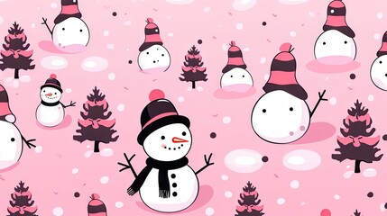  a group of snowmen standing next to each other on a pink background with snow flakes and trees in the foreground and snow flecks on the ground.
