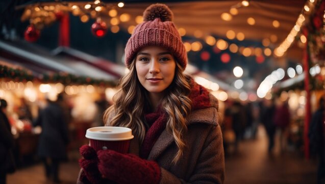 A beautiful young girl in fluffy mittens and a hat holds a drink in her hands. Walk at the Christmas market