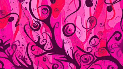  a painting of a tree with swirls and hearts on a pink background with red and black swirls and hearts on a pink background with red and black swirls.