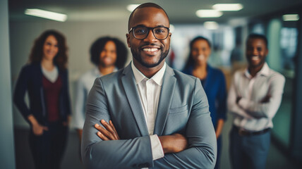 Portrait of smiling african american businessman standing with arms crossed in office. Ai render.