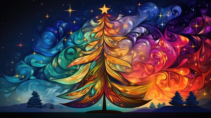  a painting of a colorful christmas tree on a dark background with stars and swirls on the top of the tree and below it is a blue sky with white stars.