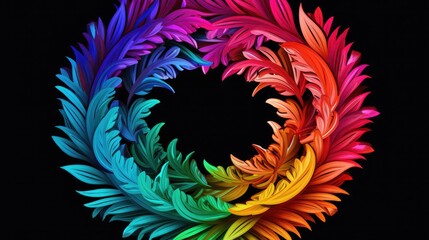  a multicolored circle made of feathers on a black background with a black circle in the middle of the circle there is a black background with a black circle in the middle.
