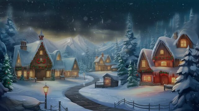 An enchanting digital painting of a snowy Christmas village nestled in a pine forest, where charming cottages are adorned with festive lights and smoke rises from chimneys, Generative Ai