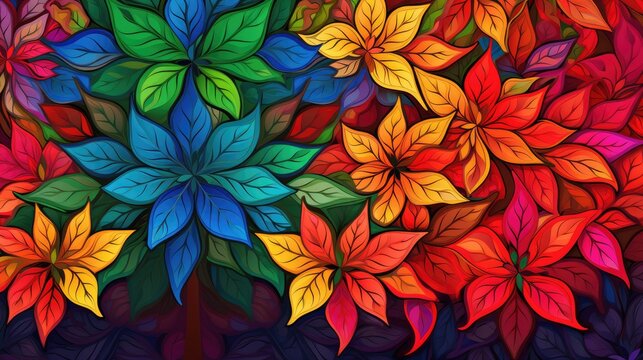  a bunch of colorful leaves that are on a piece of art that looks like it has been made out of acrylic paint and has been painted with acrylic colors.