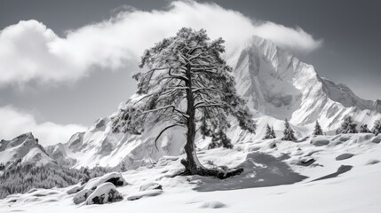  a black and white photo of a snow covered mountain with a tree in the foreground and a cloudy sky in the background, with a few clouds in the foreground.