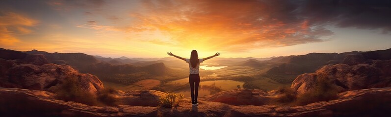 Fototapeta na wymiar Photo of a Girl on Top of a Mountain Embracing a Sunset