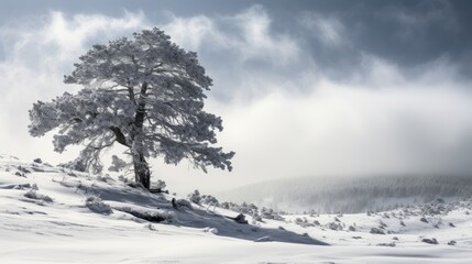  a lone tree sitting on top of a snow covered hill in the middle of a wintery day with low clouds in the sky and low lying snow on the ground.