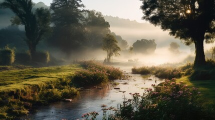  a river running through a lush green forest next to a forest filled with lots of trees and flowers on a foggy day with sun shining through the trees in the distance.