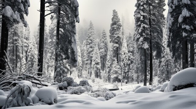  a black and white photo of snow covered trees in a forest with a bench in the foreground and a bench in the foreground with snow on the ground.