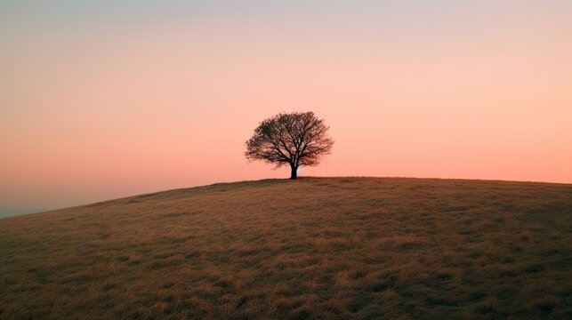  a lone tree sitting on top of a dry grass covered hill in the middle of the day with a pink sky in the backgrouund of the horizon.