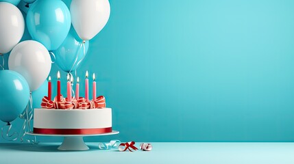  a birthday cake with blue and white balloons and a red ribbon on a white pedestal with a red ribbon on the bottom of the cake and a red ribbon on the bottom of the cake. - obrazy, fototapety, plakaty